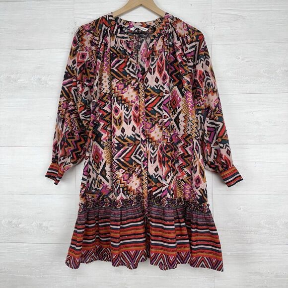 Zara Long Sleeve Mini Dress L Red Pink Geometric Tribal Print Button Front Boho - Picture 4 of 16